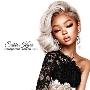 May include: A digital illustration of a woman with platinum blonde hair and dramatic makeup. She wears a black lace one-shoulder top and ornate silver earrings. The text "Sable Kuro Transparent Fashion PNG" is visible.