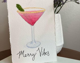 Hand-Painted Festive Drink Holiday Postcard