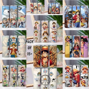 May include: A collection of stainless steel tumblers featuring various anime-style illustrations. Designs include characters from a popular manga series, with vibrant colors and detailed artwork. The tumblers are cylindrical and appear to be approximately 8 inches tall.