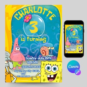 Spongebob Birthday Invitation Template Canva Printable Kids Party Invite, Sponge bob birthday, Digital SpongeBob SquarePants Party Invite,