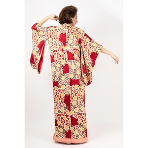 Vintage traditional Japanese silk kimono / Furisode sleeve / Bright red silk