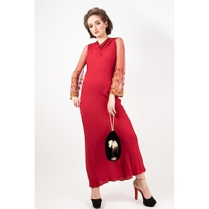 1930s Red Bias Cut Gown: Vintage Gold Embroidered Tulle Sleeves (S/M)