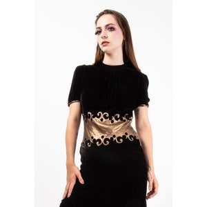 1930s Velvet Dress: Vintage Black Silk, Gold Lame Applique, Size S