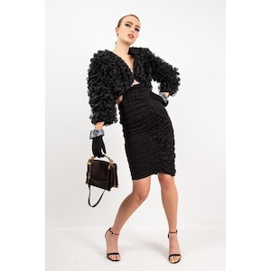 Vintage 1980s Tom and Linda Platt black organza ruffle bolero cropped jacket