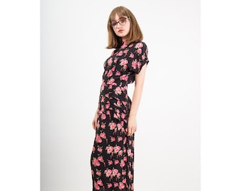 Vintage dark floral dress / Rose print / 1980s does 1940s pleated peplum S M