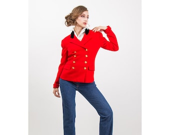 Vintage Ralph Lauren / 1970s Red wool equestrian riding jacket velvet lapels / S