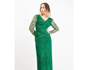 Vintage Mary McFadden plisse beaded evening gown / 1980s emerald green and gold pleated dress / M