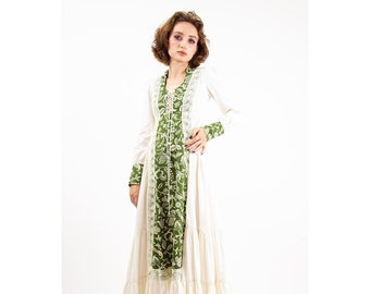 Vintage Black Label Gunne Sax cotton maxi dress / 1960s Lace up corset bodice / Green squirrel print