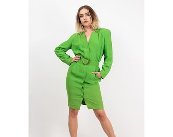 Vintage THIERRY MUGLER Dress - 80s, 90s Green Designer Wrap Dress M