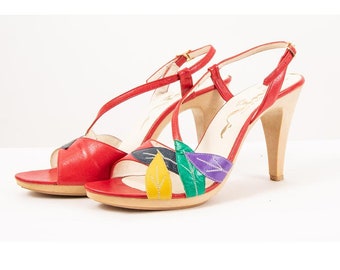 Vintage 1970s 1980s Nina strappy platform sandals / Cherry red rainbow heeled pumps / 6