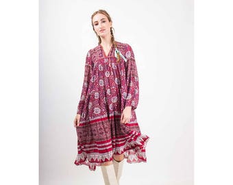 Vintage India cotton gauze dress / 1960s 1970s rose block print trapeze tent smock dress / XS