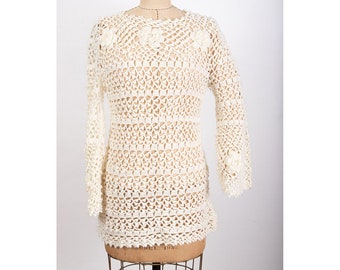 Vintage white crochet mini dress / 1960s 1970s floral knit micro mini bell sleeves / S