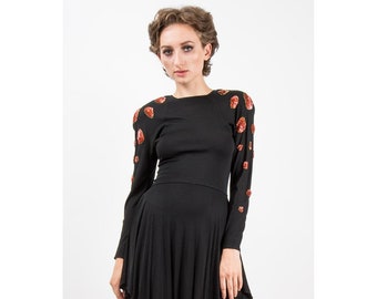 Vintage JEAN MUIR mini / 1980s Little black sequin rayon jersey dress  XXS