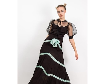 1930s dress with sheer net sleeves / Vintage black rayon crepe evening gown / XS S