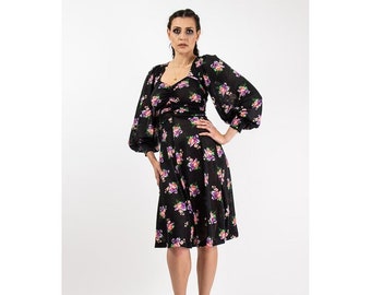Vintage Fiorucci dress / 1970s dark floral print Biba style / Balloon sleeves / S