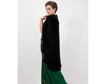1920s silk velvet cape / Vintage antique inky black capelet cloak / One size