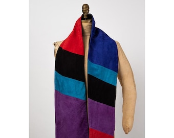 Vintage 1980s color block leather suede reversible scarf