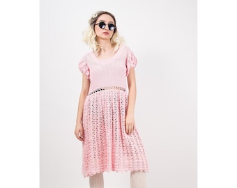 1940s dress / Vintage pink cotton crochet dress / Puff sleeve Medium