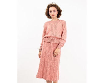 Vintage knitwear sweater skirt set / 1980s Marisa Christina dusty rose pink 2 piece / M