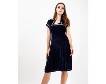 1930s dress / Vintage midnight blue silk velvet studded dress / Square brass studs / S