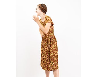 1940s dress / Vintage rayon jersey novelty floral print button back day dress / S