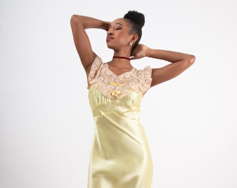 Vintage bias cut satin lace slip dress / 1940s butter yellow nightgown / S