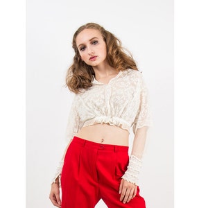 Antique blouse / Vintage Edwardian era net lace cropped blouse / Sheer Bobinette XS