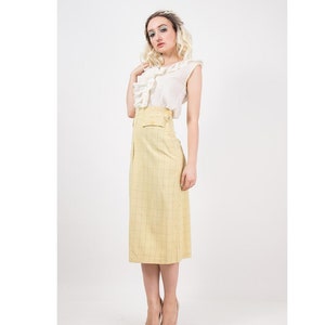 1930s skirt / Vintage yellow wool windowpane front pleat midi skirt small image 1