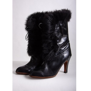 Vintage Oscar de la Renta black leather and fur trimmed high heel boots / size 5 6 image 1