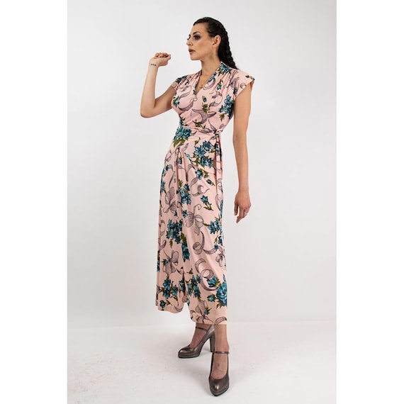 jersey peplum dress 1940s / Vintage Floral Print Rayon Full Length Evening Gown / S peplum dress casual