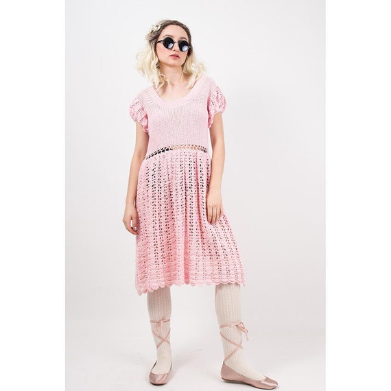 1940s dress / Vintage pink cotton crochet dress /