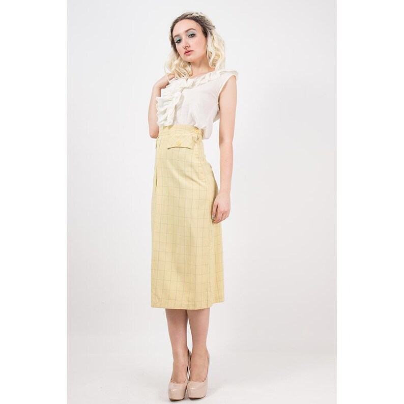 1930s skirt / Vintage yellow wool windowpane front pleat midi skirt small image 1