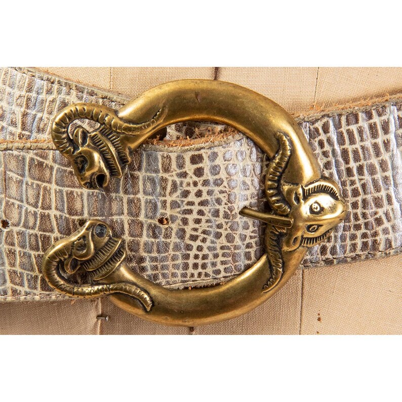 Vintage brass rams head statement belt / 1980s Aries metallic leather wide belt / S M image 3