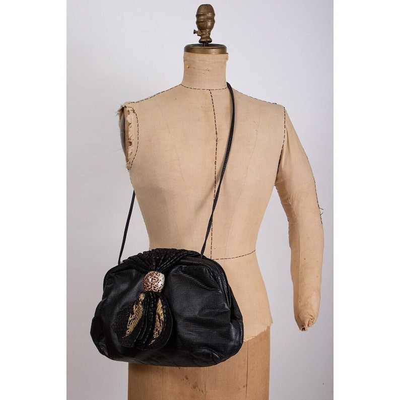 Vintage black leather perforated oversized shoulder bag / 1980s padded clutch purse image 1