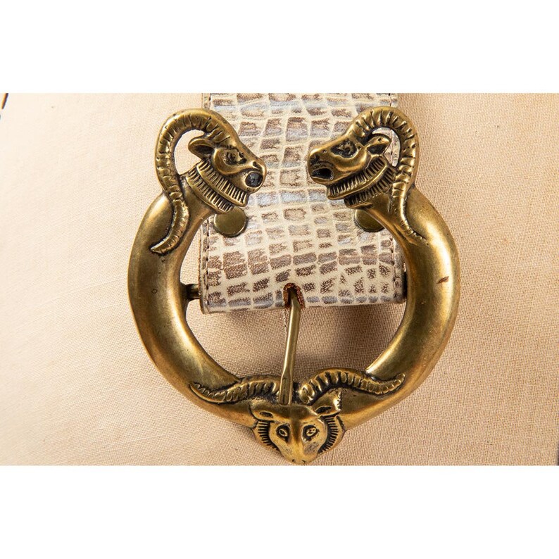 Vintage brass rams head statement belt / 1980s Aries metallic leather wide belt / S M image 6