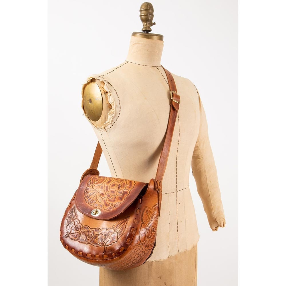 Vintage 1940s Hand Tooled Leather Satchel Bag Handbag Purse Mexican w/  Wallet