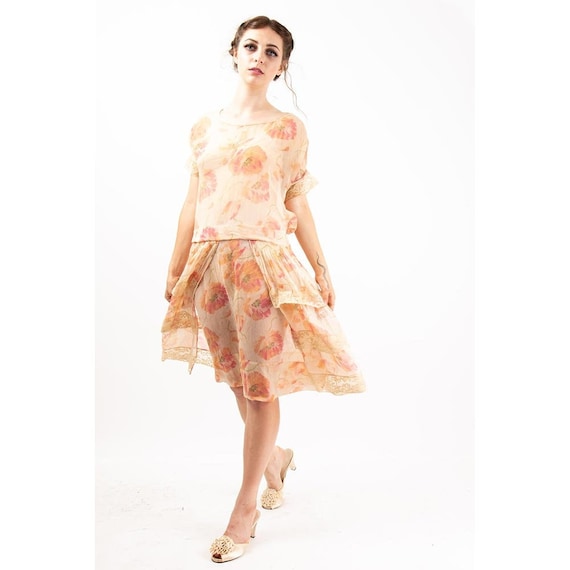 1920s dress / Vintage sheer silk chiffon poppy pr… - image 1