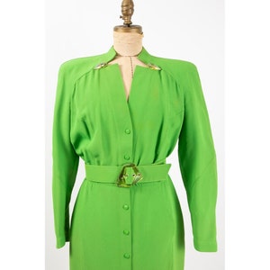 Vintage 1980s Thierry Mugler lime green snap front shirtdress iridescent buttons and belt M image 6