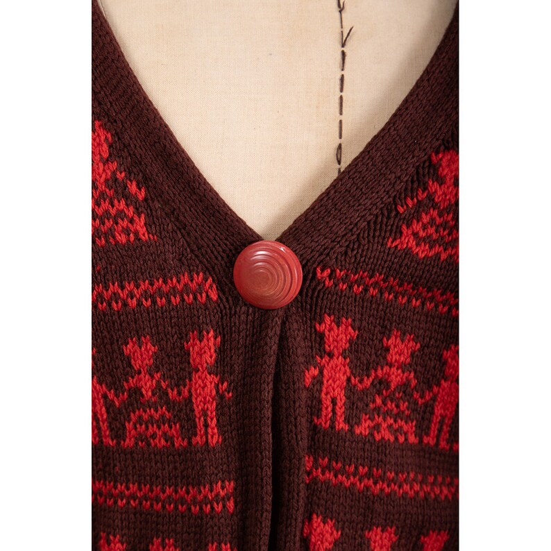 Vintage 1930s jacquard wool knit cardigan / Art deco buttons / Intarsia figural pattern S image 3