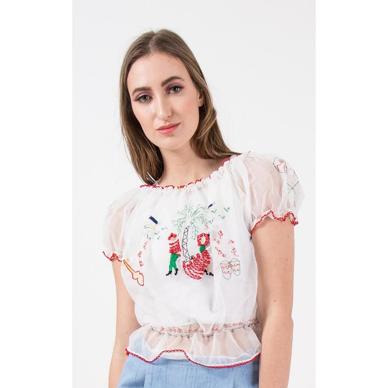 Vintage embroidered peasant blouse / 1950s sheer white nylon Etsy