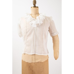 1930s cotton voile embroidered lace blouse / 1930s sheer white button back top / M
