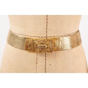 Vintage unsigned Judith Leiber gold snakeskin belt / 1980s crystal studded buckle image 2
