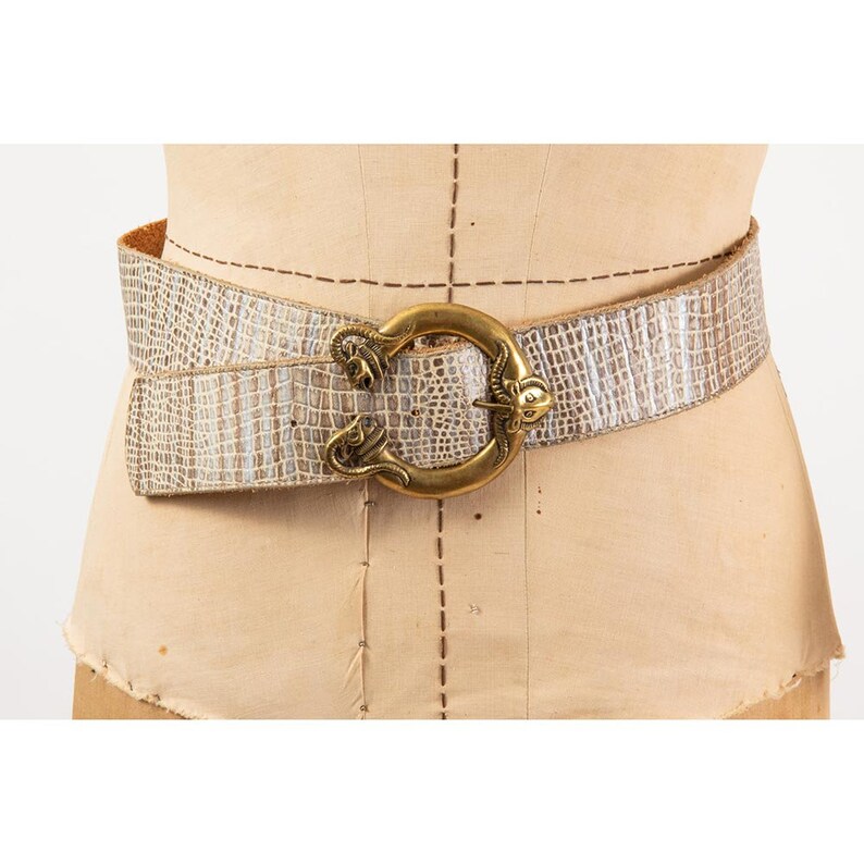 Vintage brass rams head statement belt / 1980s Aries metallic leather wide belt / S M image 2