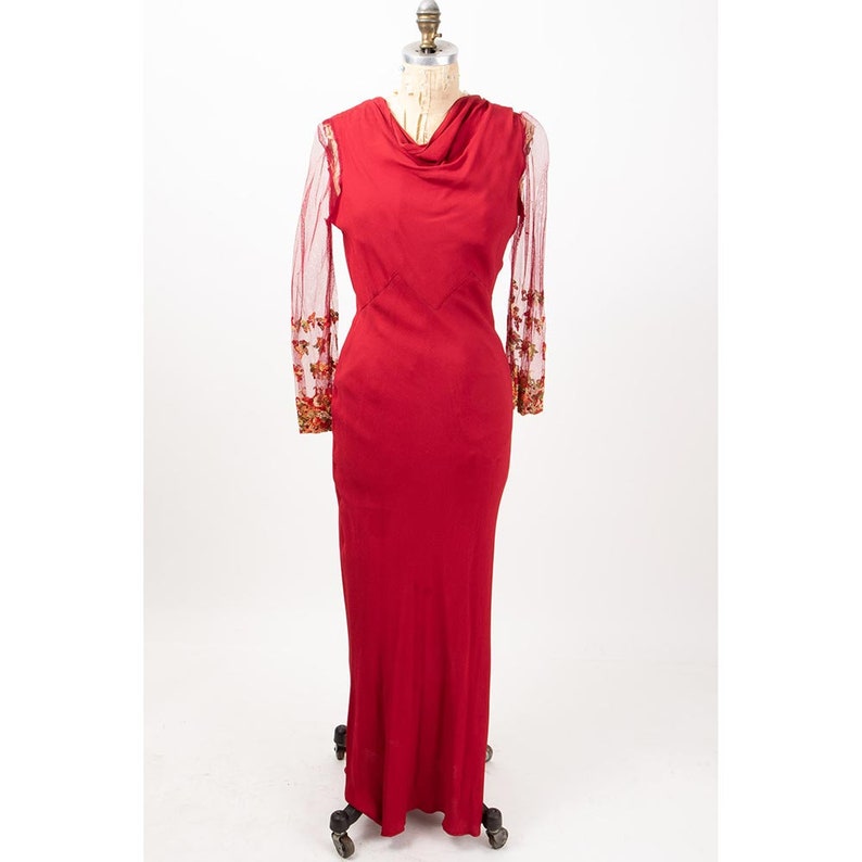 1930s dress / Vintage bias cut deep vermilion red gown / Gold embroidered tulle net sleeve S M image 4