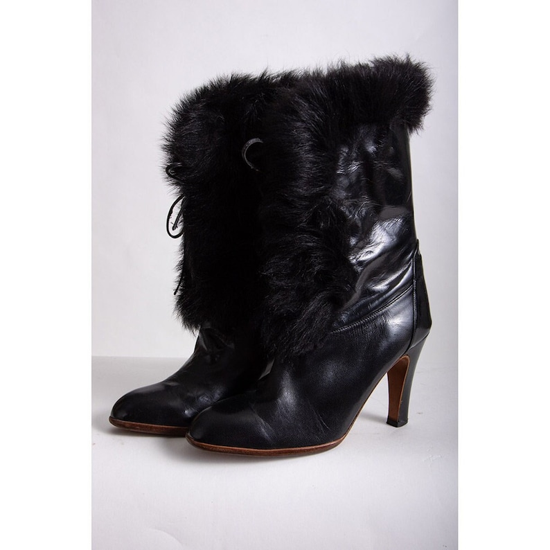 Vintage Oscar de la Renta black leather and fur trimmed high heel boots / size 5 6 image 1