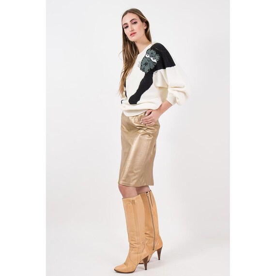 Vintage gold leather pencil skirt / 1980s metallic