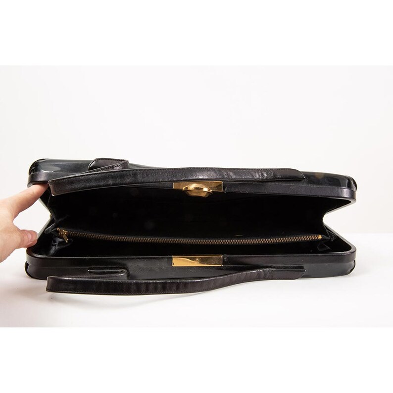 Vintage 1950s black patent leather top handle wide rectangular handbag image 8