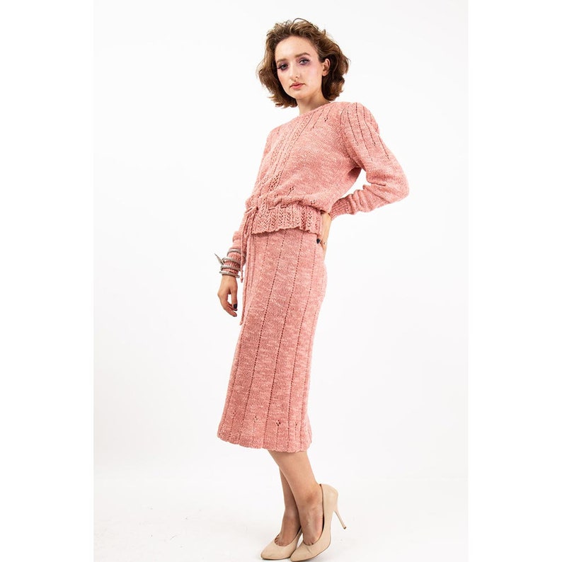Vintage knitwear sweater skirt set / 1980s Marisa Christina dusty rose pink 2 piece / M image 5