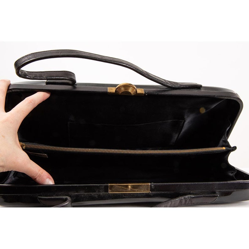 Vintage 1950s black patent leather top handle wide rectangular handbag image 9