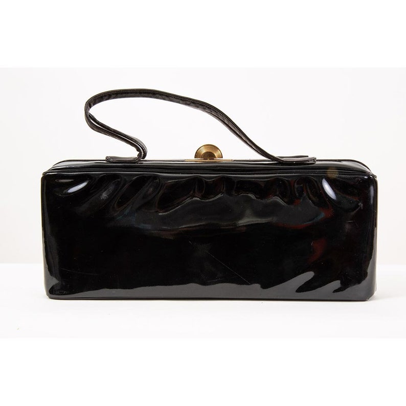 Vintage 1950s black patent leather top handle wide rectangular handbag image 2